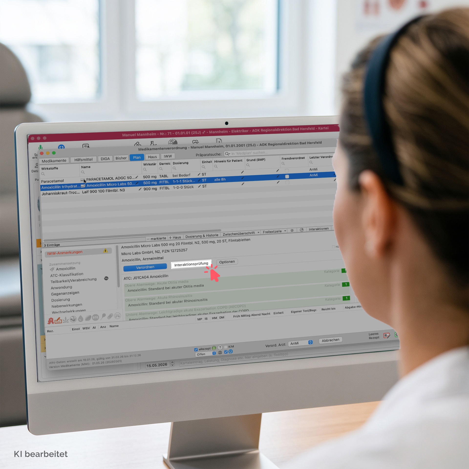 „Die Automatisierung nimmt mir die Tipparbeit ab, und tomedo® gibt mir die Sicherheit, dass die Medikation passt.“ – Dr. Müller Grafik 3 Interaktionsanzeige Mockup