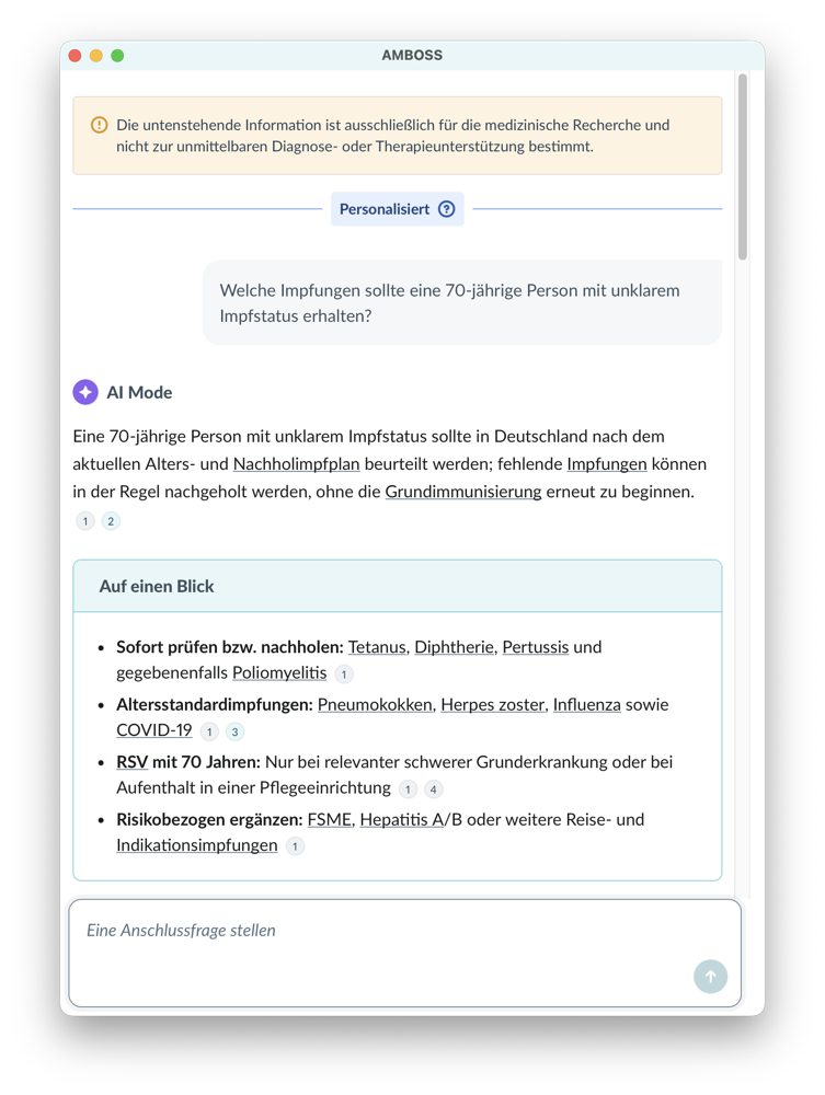AMBOSS AI Mode in tomedo AMBOSS AI Mode in tomedo: KI-gestützte Antwort auf eine medizinische Frage